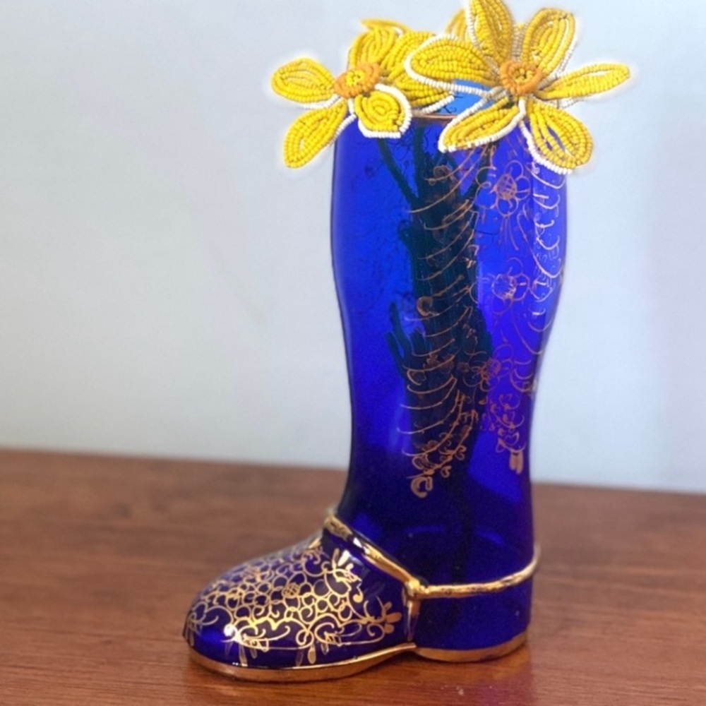 Vintage Vase Novelty Cobalt Blue Glass Boot with Gold Leaf Gilding Italy Cup